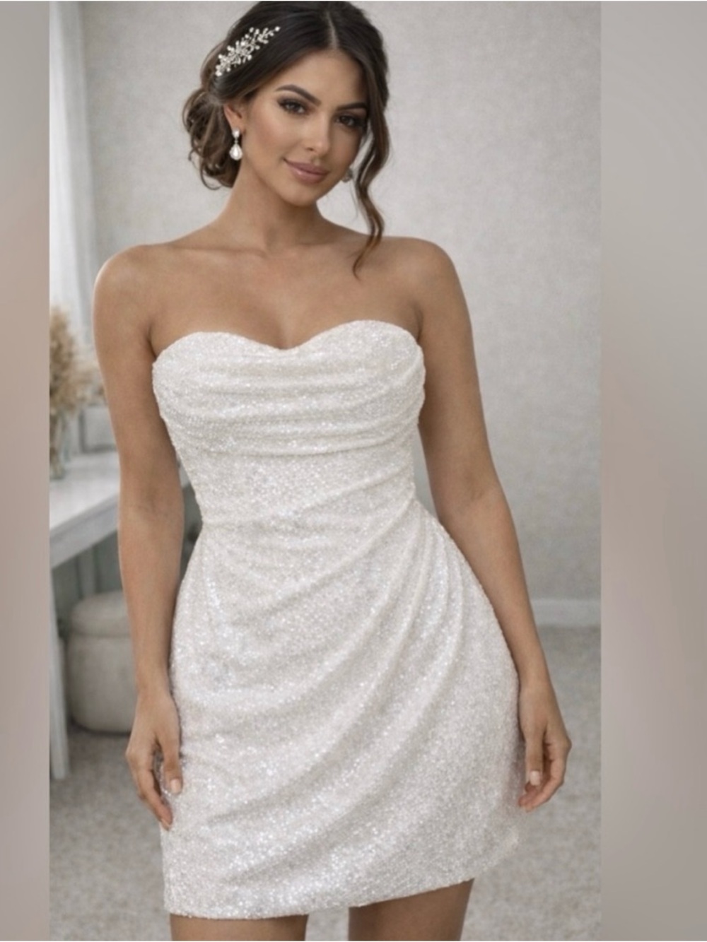 Strapless Sequin Bodycon Dress in Ivory - Picture 4 of 7